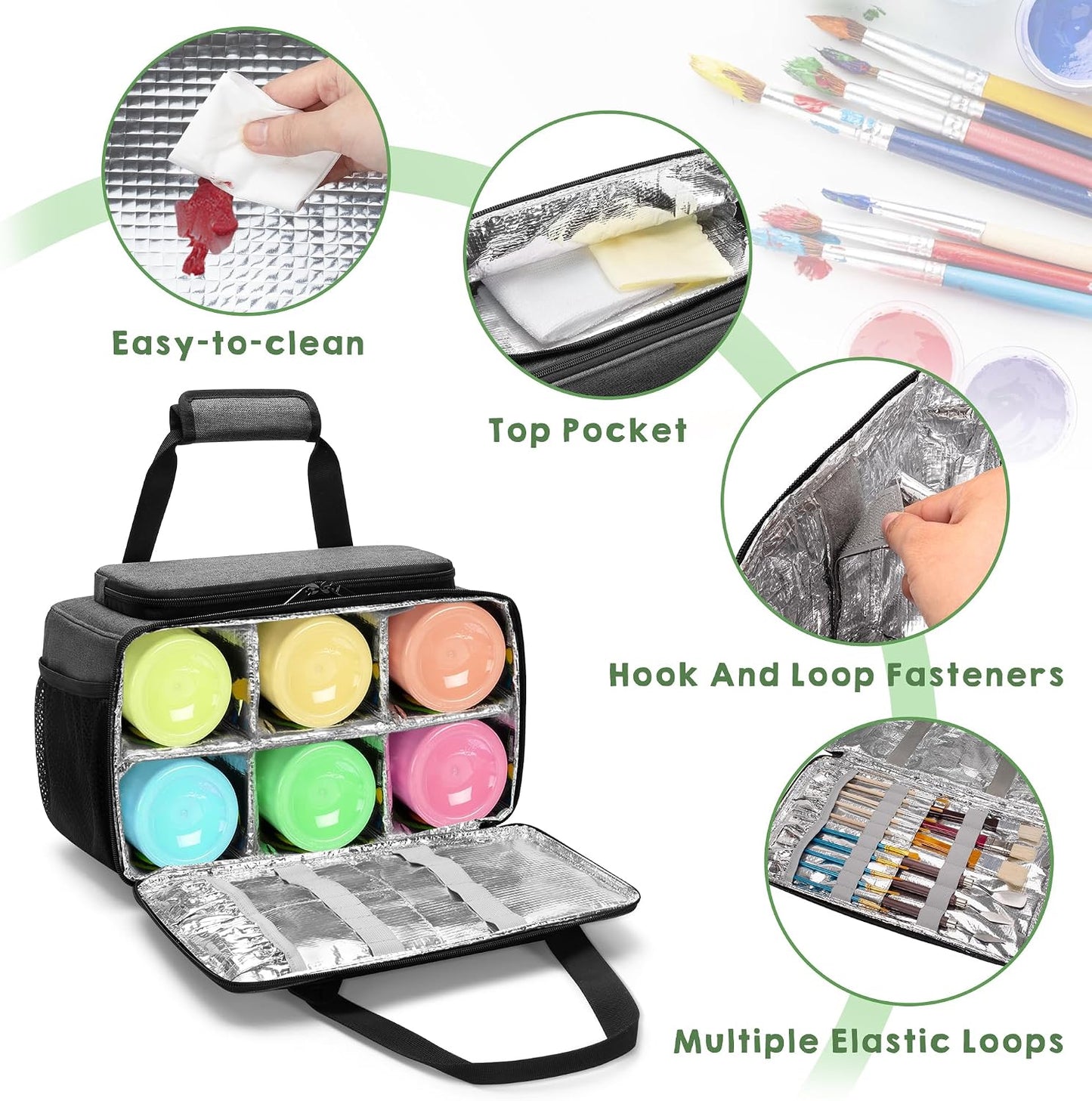 GRAOSO Acrylic Paint Organizer Hold up to 54 Bottles (2 oz), Grey | Paint Carry Case Bag for Bottle Brush Storage, Easy Cleaning Liner, Shoulder Strap and Handle for Travel