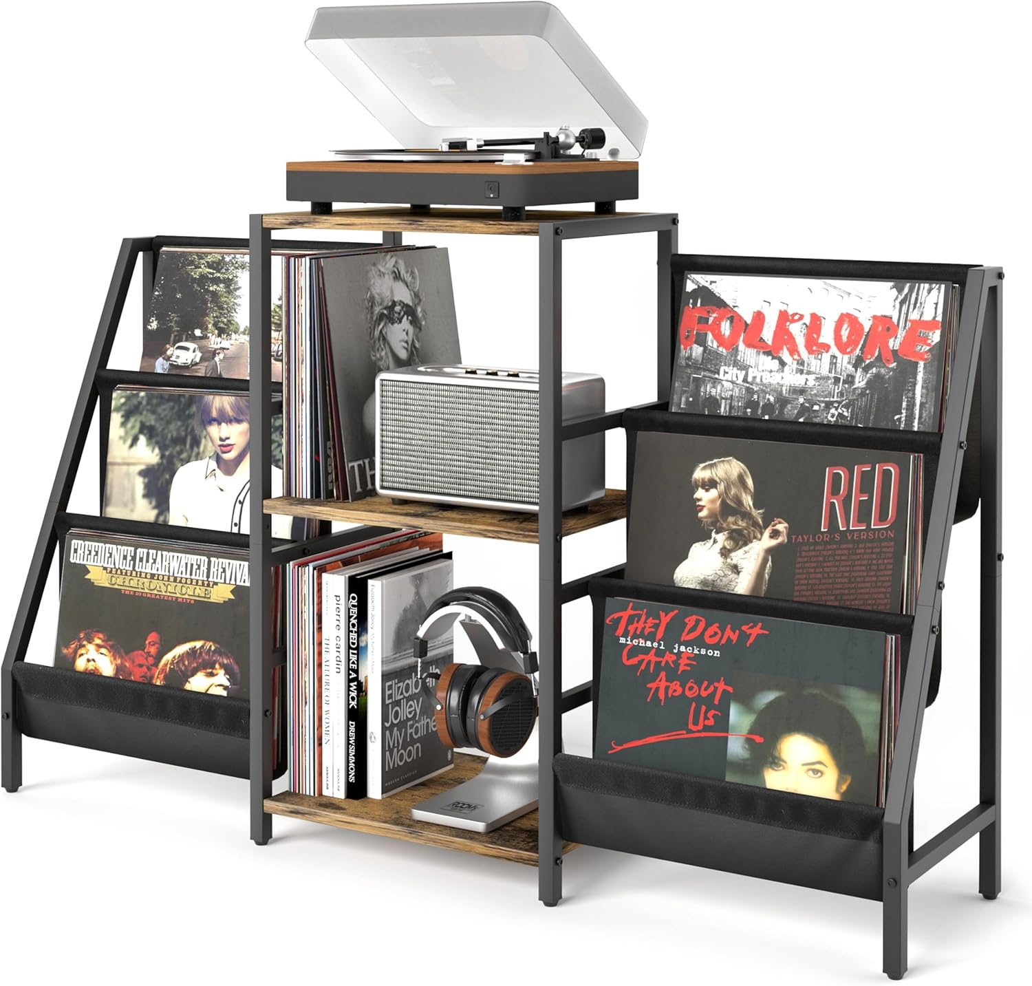 Record Player Stand with Vinyl Storage, Record Player Table with Record Storage 200 Albums, Turntable Stand with Record Holder Vinyl Display Shelf, Record Cabinet Media Stereo (White) - PuriLite