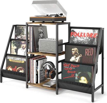 Record Player Stand with Vinyl Storage, Record Player Table with Record Storage 200 Albums, Turntable Stand with Record Holder Vinyl Display Shelf, Record Cabinet Media Stereo (White) - PuriLite
