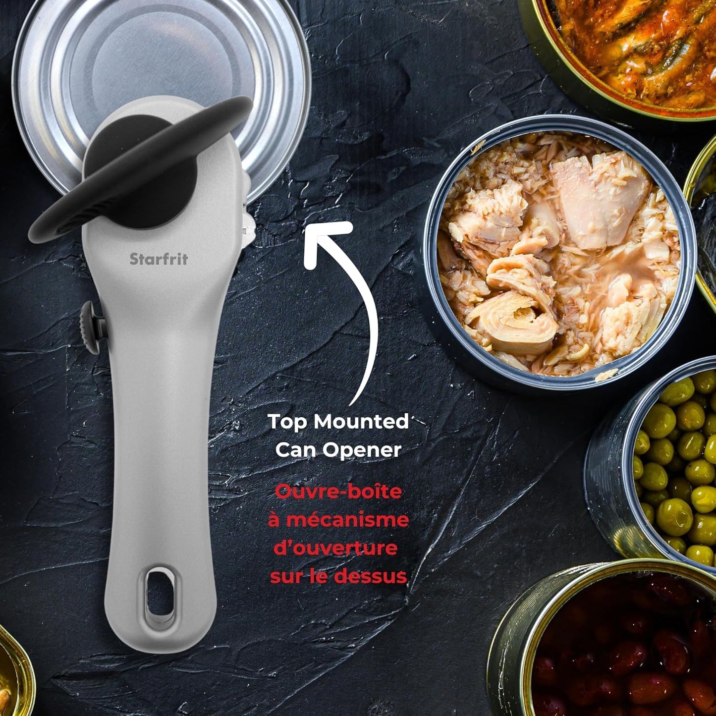 Starfrit Securimax Auto Can Opener - Patented Safe Edge Technology with Lid Lifter - Leaves No Sharp Edges on Lid & Can - Heavy Duty Non-Slip Knob