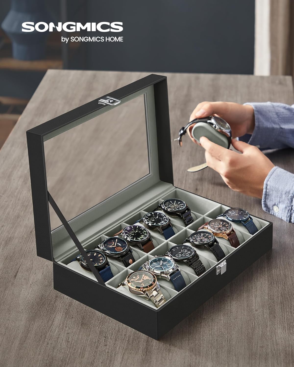 SONGMICS Watch Box, 6-Slot Watch Case, Watch Box Organizer, Black Synthetic Leather, Greenish Gray Lining UJWB06BK