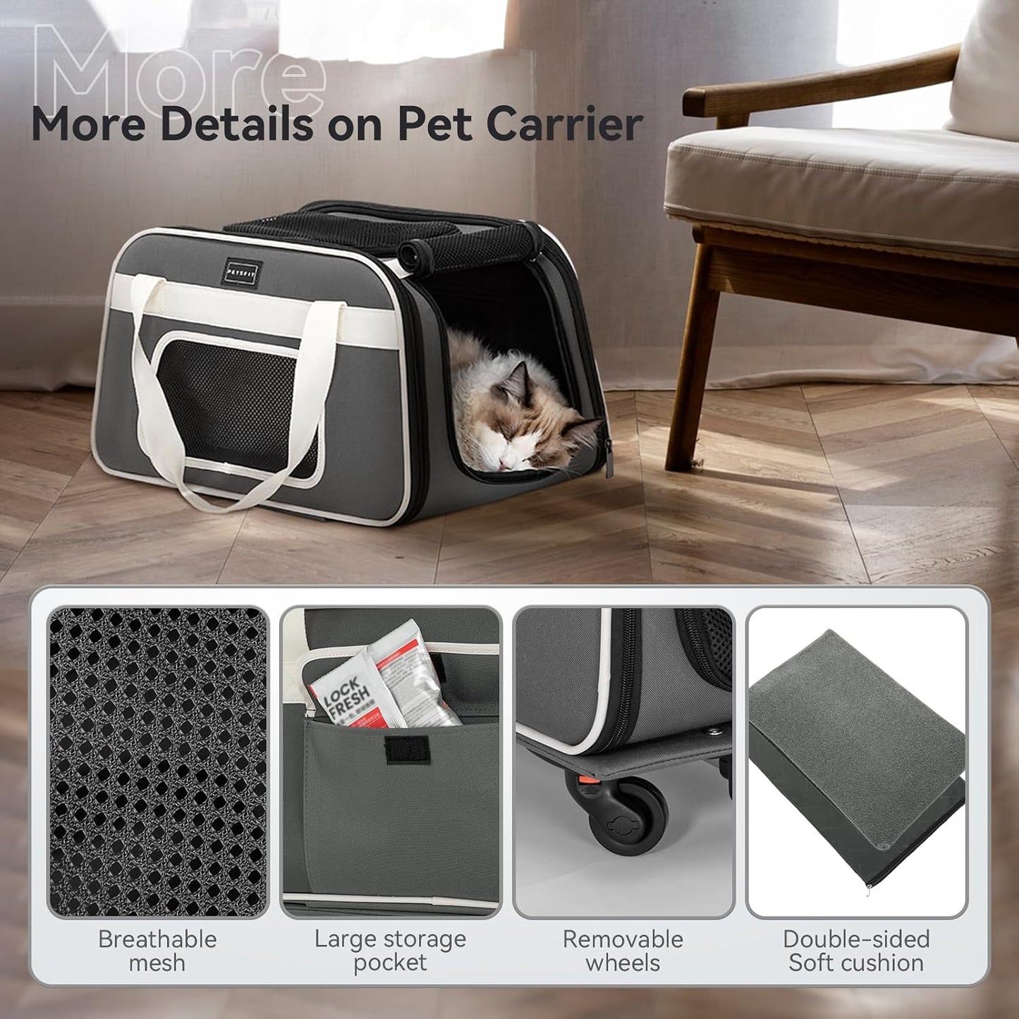 PETSFIT Airline Approved Dog Carrier with Wheels Designed for Small Dogs/Cats with Adjustable Safety Rope & Removable Wheels,Grey