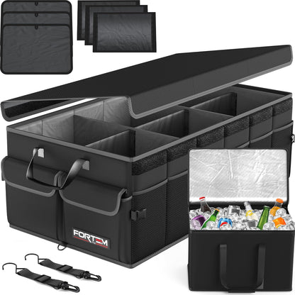 FORTEM Car Trunk Organizer, Collapsible Multi Compartment Car Organizer, Foldable SUV Storage for Car Accessories for Women Men, Non Slip Bottom, Securing Straps, Soft Cover 50L (Black, Standard)