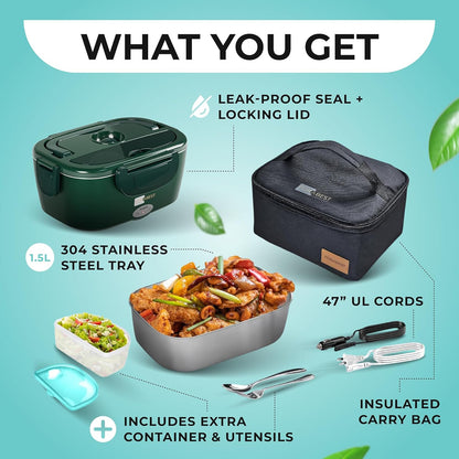 FORABEST Electric Lunch Box Food Heater 80W 1.5L Stainless Steel Heated Lunch Box for Men & Women, Universal 12/24/110/220V Self Heating Lunch Box for Car, Truck & Work, Portable Food Warmer lunch box