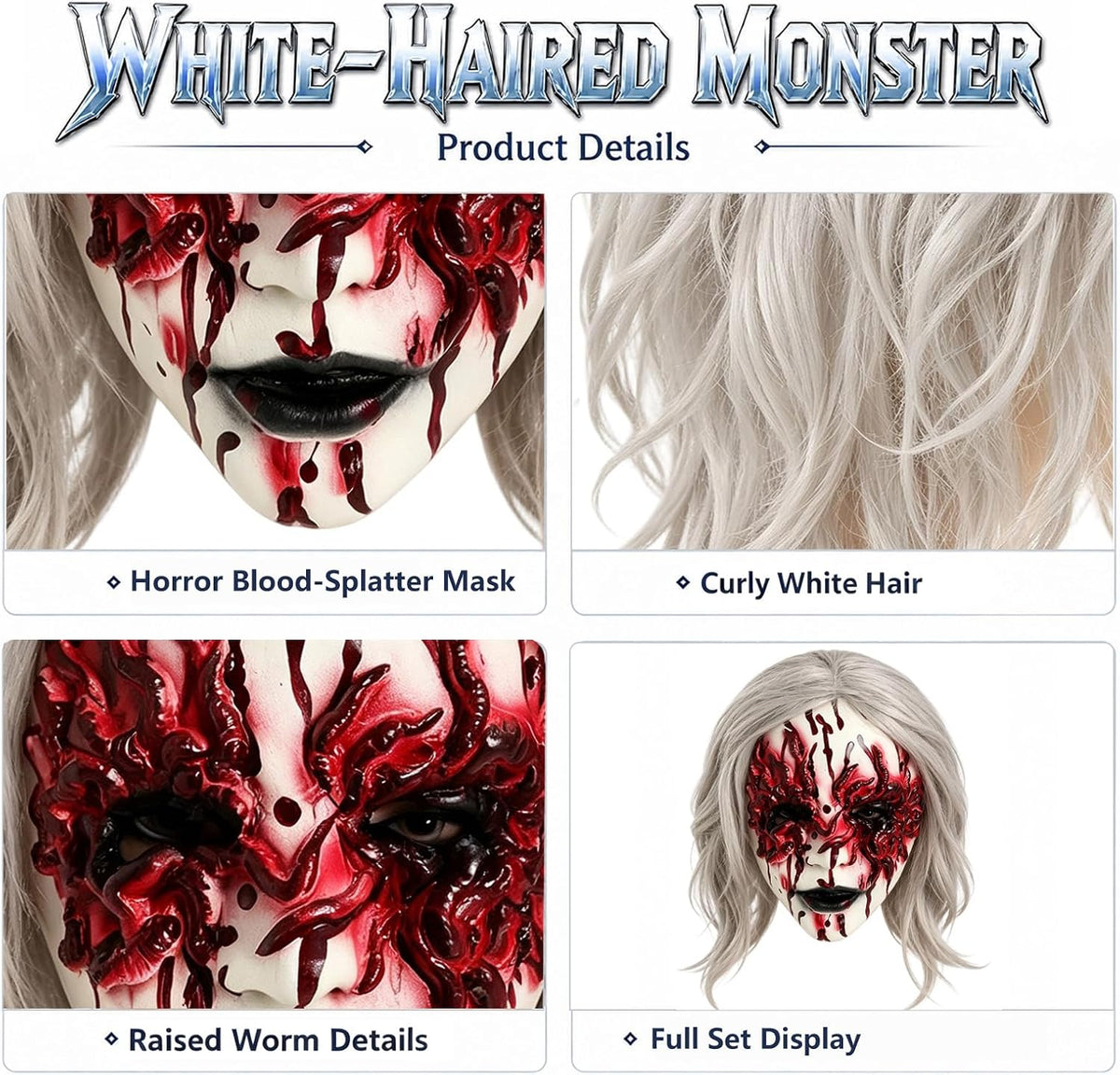 Scary Halloween Bloody Zombie Mask with White Wig for Women