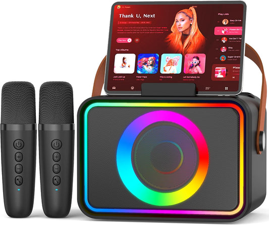 Portable Bluetooth Karaoke Player with 2 Wireless Microphones Karaoke Machine for Adults & Kids Toys with LED, Home Karaoke Stystem Packages Supports USB/TF/AUX,Gift for Party (Black)