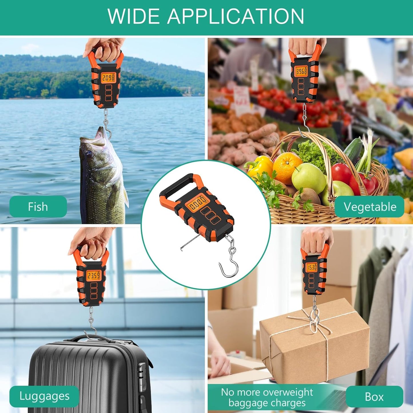 ORIA Fish Scale Digital, Fishing Scale, Fish Scale with Ruler and Fish Gripper, 110lb/50kg Baggage Weighing Scale, Backlit LCD Display (Orange)