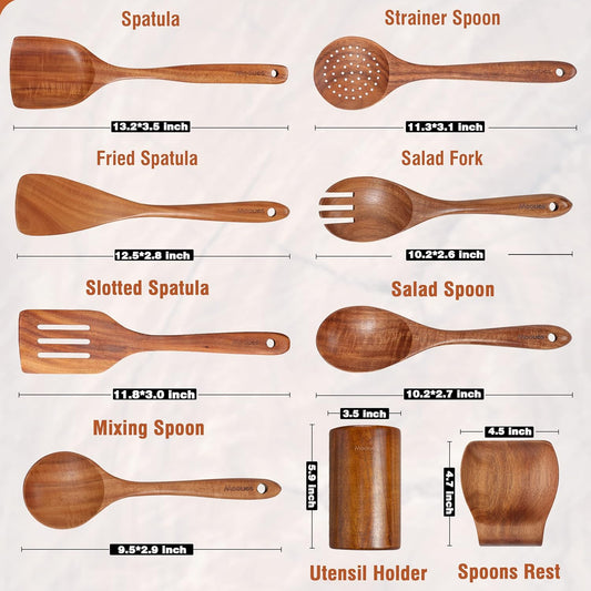 Mooues 9 PCS Wooden Spoons for Cooking, Wooden Utensils for Cooking with Utensils Holder, Natural Teak Wooden Kitchen Utensils Set with Spoon Rest, Comfort Grip Cooking Utensils Set for Kitchen - PuriLite
