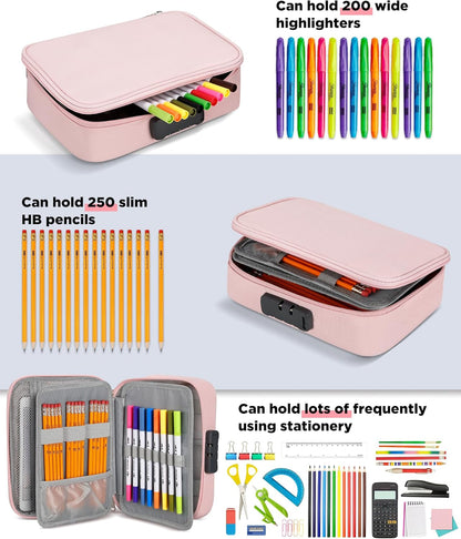 Zannaki Large Capacity Pencil Pouch Case with Lock, Pen Marker Stationery Bag Art Supply Storage Organizer Box for Bullet Journal Middle High School College Student Teen Girl Boy Women Adult, Pink