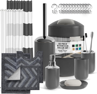 Clara Clark Bathroom Set - Gray Bathroom Accessories Set, Bathroom Sets with Shower Curtain and Rugs, 23PC Shower Curtain Set with Liner, Soap Dispenser, Soap Dish, Toilet Brush Holder, and Trash Can