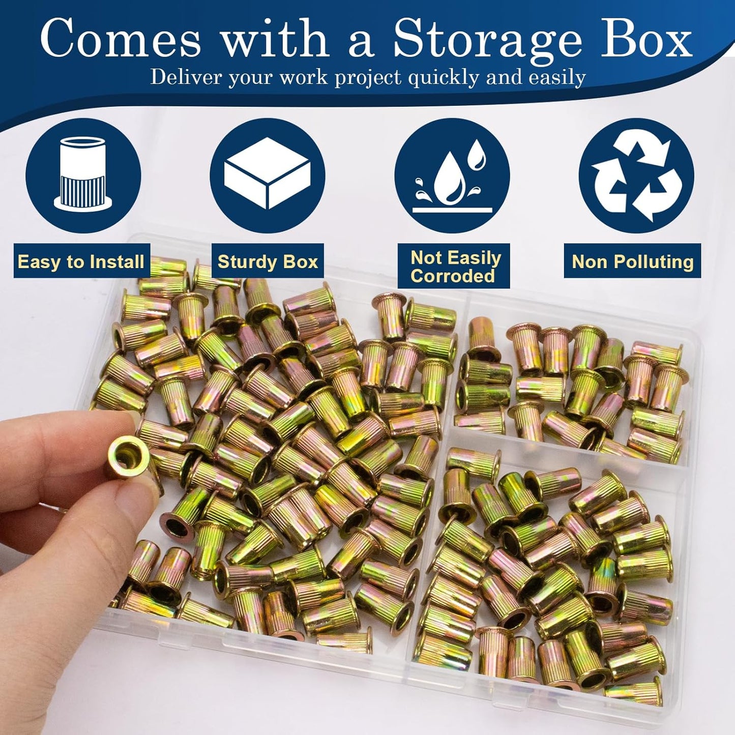 Vifmy Metric & SAE Rivet Nut Assortment Kit(420 Pcs),m3 m4 m5 m6 m8 m10 m12#6-32#8-32#10-24 1/4"-20 5/16"-18 3/8"-16 UNC Flat Head Rivnut Set,Zinc Plated Finish Carbon Steel Nutsert