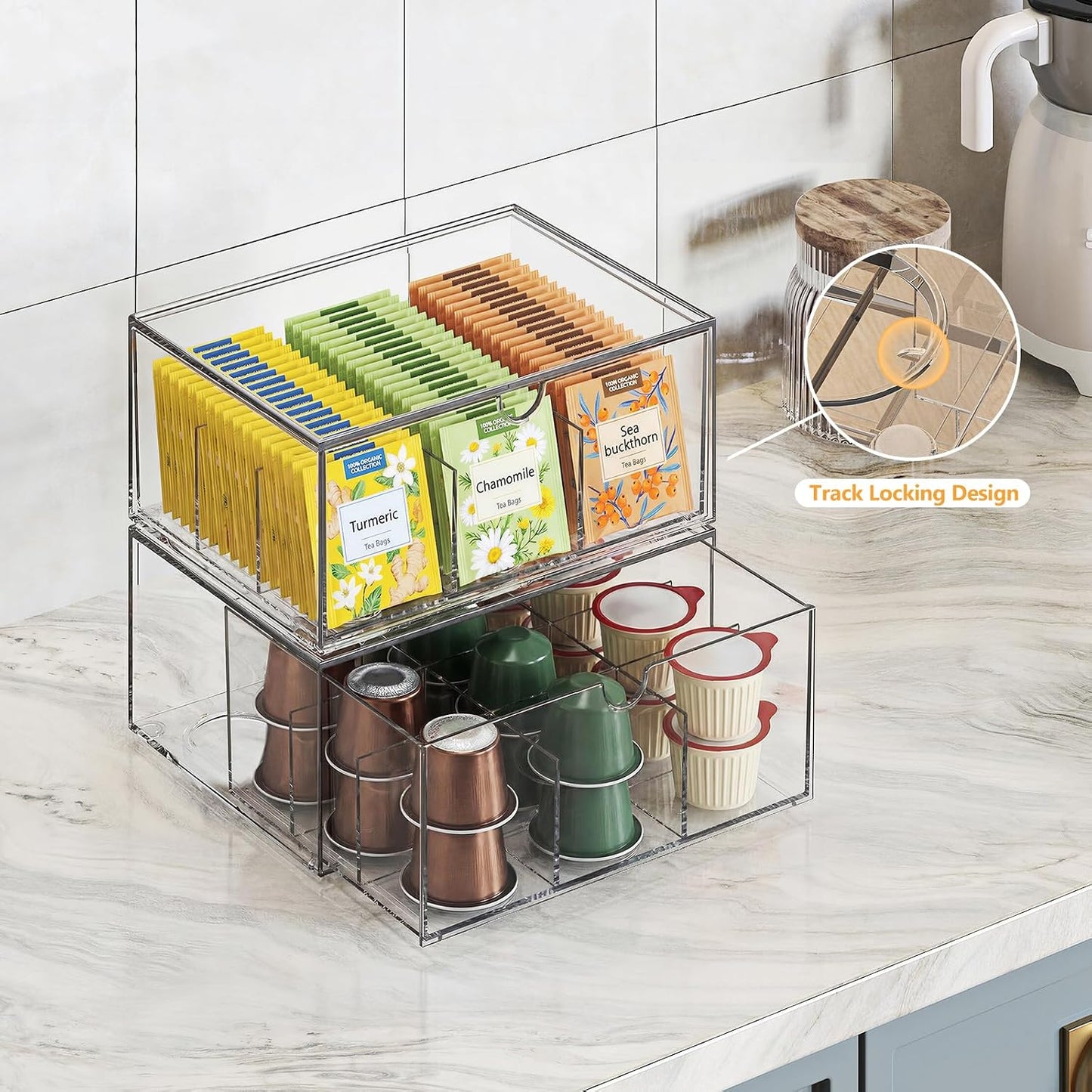 2 Pack Coffee Pod Storage Drawer, Stackable Tea Bag Organizer with Dividers, Acrylic Coffee and Tea Packet Holder, Clear Plastic Storage Bins for Kitchen Pantry, Countertop or Cabinet