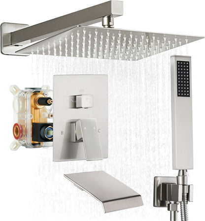 Fransiton Shower System Rain Shower System Set Ceiling Mounted, Rainfall Shower Head with Handheld, Bathroom Shower Kit (Valve Included) (8" - Wall Mount, Matte Black)