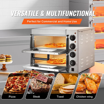 Commercial Countertop Pizza Oven, 14-Inch Dual-Layer Design, Stainless Steel Electric Pizza Maker with Stone and Handle, Versatile Indoor Baking Appliance for Home and Restaurant Use