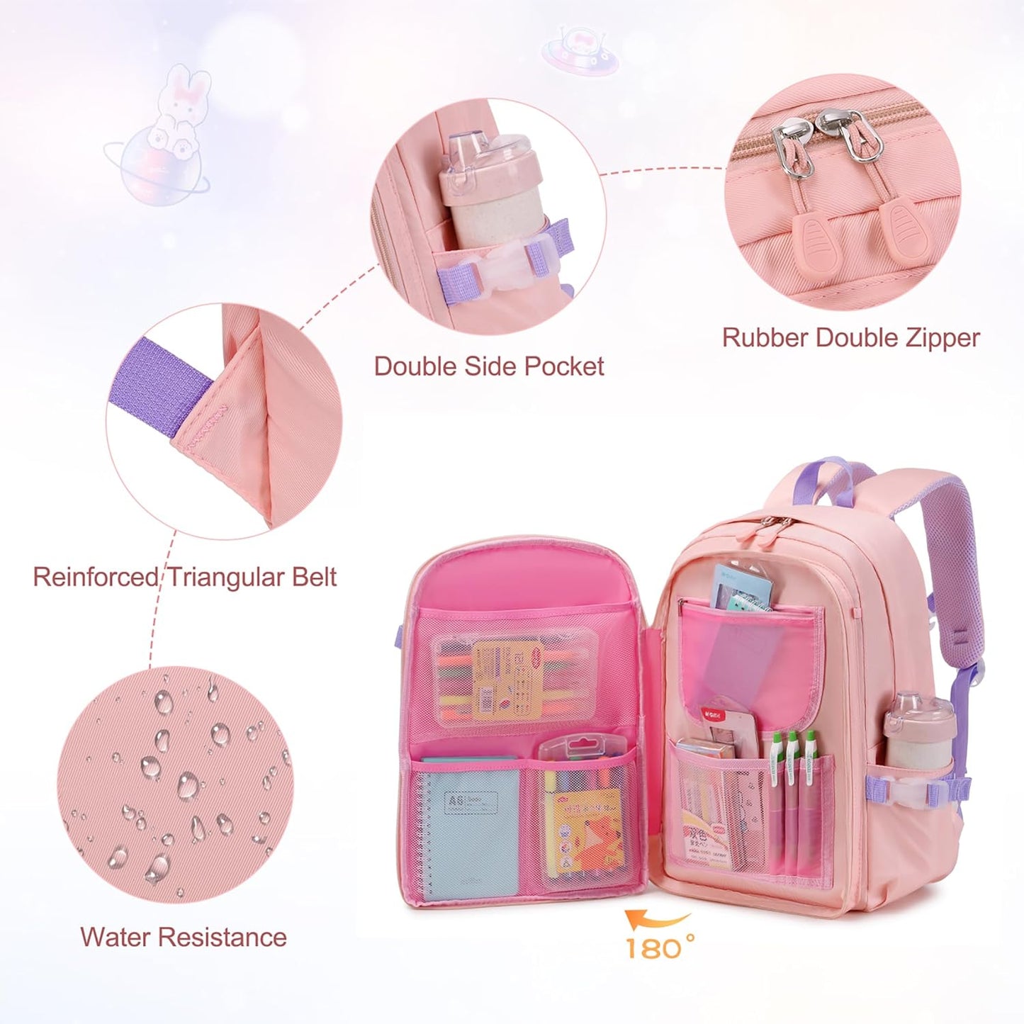 FIXITOK Girls Backpack Set, 3PCS Kids Backpack for Girls, Kawaii Bunny School Backpacks for Girl Kindergarten Elementary Preschool Middle School Bags with Lunch Box Pencil Case Aquamarine