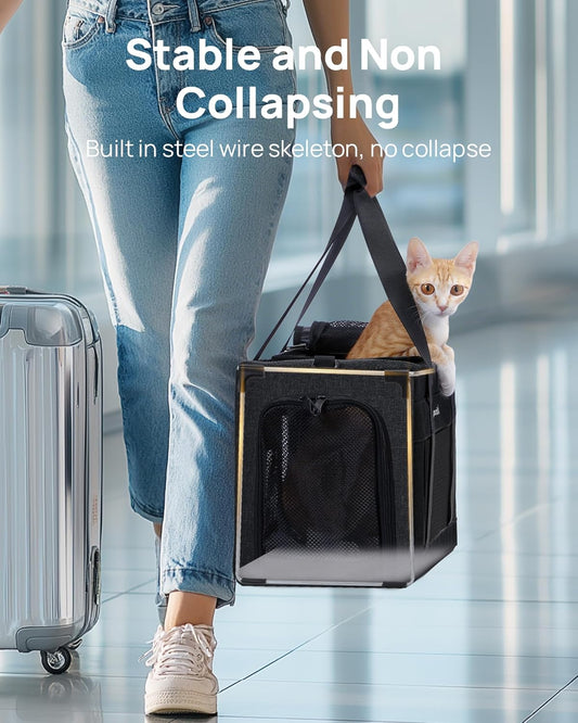 Pecute Cat Carrier Airline Approved, Thickened 5mm Steel Wire Frame, Stable Dog Carrier for Small Dogs, Breathable Foldable Pet Carrier with Sunshade, Suitable for Pets up to 5kg/11lbs (Dark Gray) - PuriLite