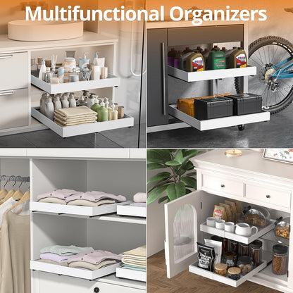2 Pack Expandable Pull Out Cabinet Organizer, 21"Deep Slide Out Drawer with Nano Adhesive, Upgrade 3 Slide Rails Roll Out Shelf for Kitchen, Pantry or Bathroom, Adjustable Width 12.4"-20.2"