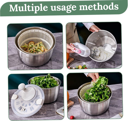 Salad Spinner 5L Dual Layer Stainless Steel & PP Lettuce Spinner with Lid & Rotating Handle Multi-Purpose Quick Dry Fruit and Vegetable Wash for Kitchen