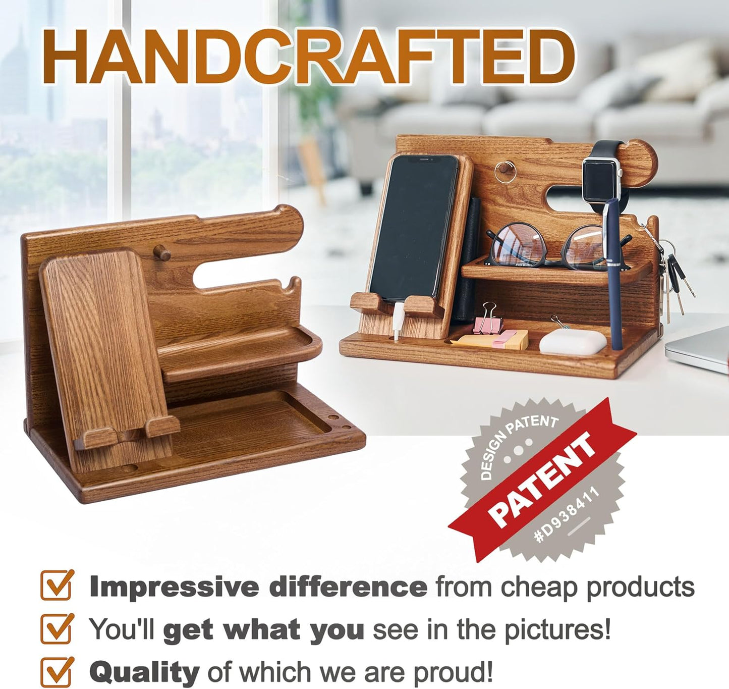 TESLYAR Wood Phone Docking Station – Solid Wood Desk & Nightstand Organizer for Men – Key Holder, Wallet, Watch & Essentials Stand - PuriLite