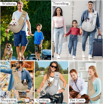 Pawaboo Small Dog Sling Carrier, Reversible Hands Free Dog Sling Carrier for Small Dogs and Cats, Puppy Sling Carrier with Adjustable Strap Buckle & Safety Harness, Puppy Essentials, Grey