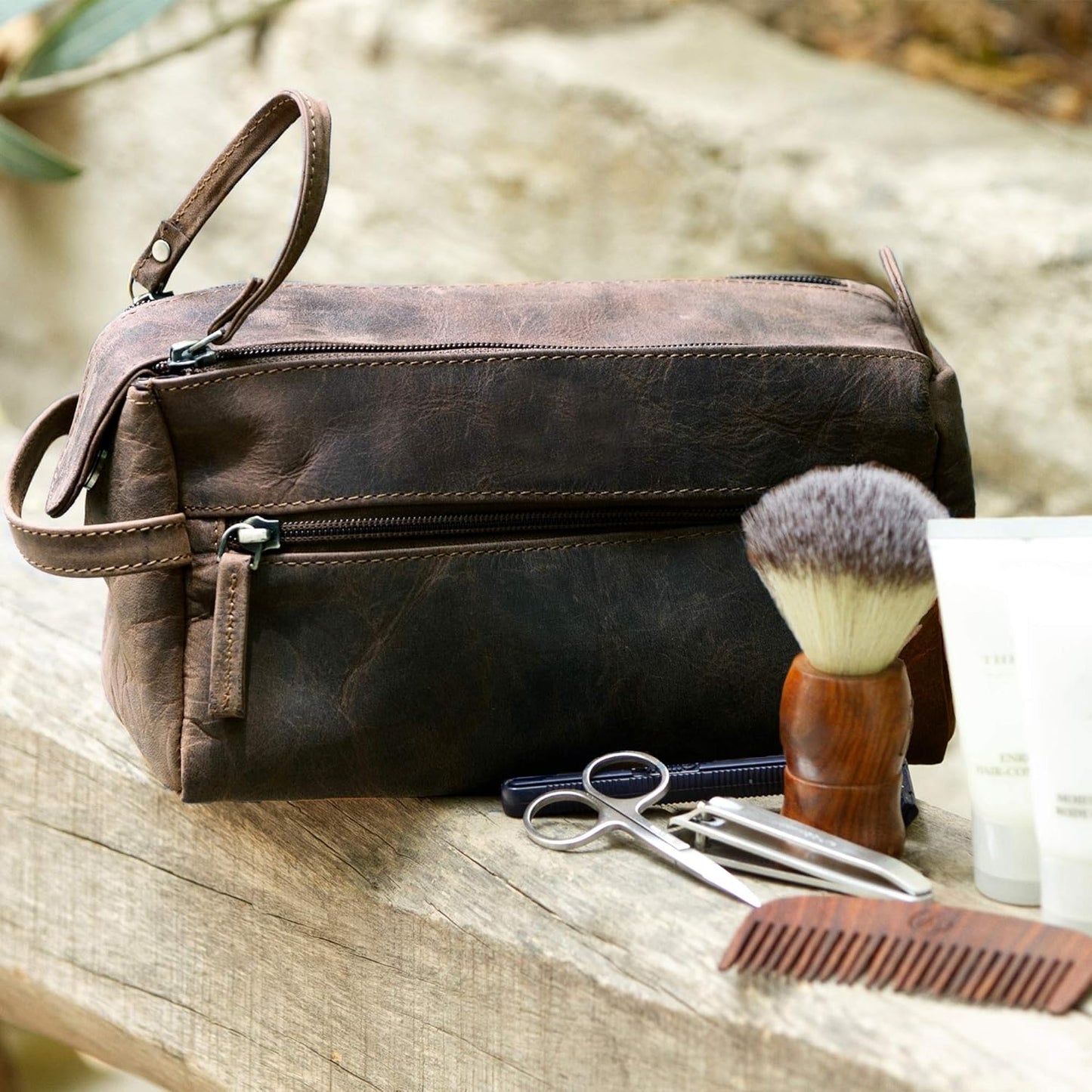 Genuine Leather Travel Toiletry Bag - Hygiene Organizer Dopp Kit by Rustic Town
