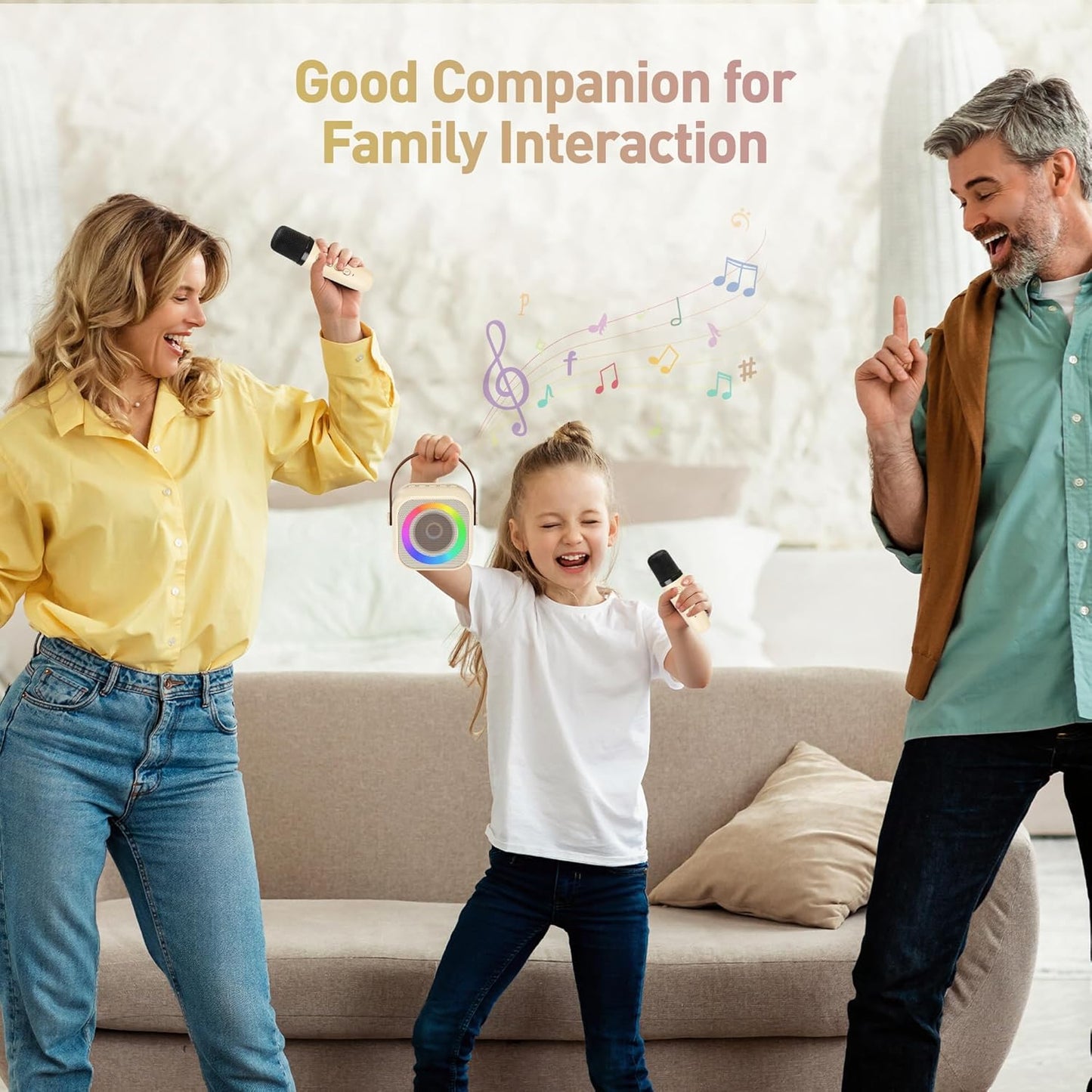 Mini Karaoke Machine for Kids Adults：Portable Bluetooth Karaoke Speaker with 2 Wireless Microphones and Lights for Home Party, Christmas Birthday Gifts for 4-12+ Years Old Girls Boys(Yellow)