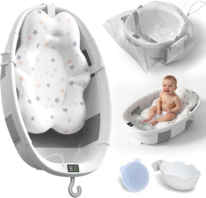 Collapsible Baby Bathtub - Large Baby Bath Tub with Thermometer | Bath Essential Bañera para Bebe Easy Fold Baby Tub | Travel Infant Newborn Toddler Bathtub for Baby Girl Boy 0 to 36 Months (Grey)