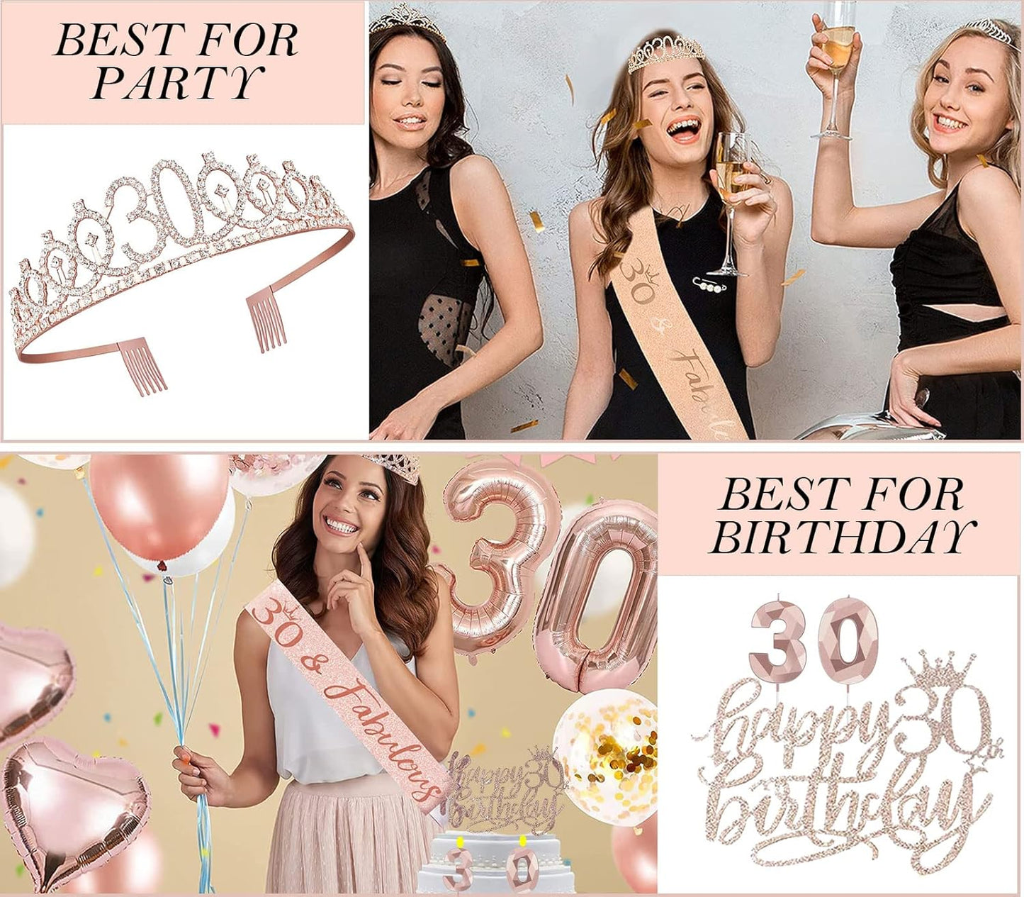 8pcs 40th Birthday Decorations gifts for Women, Including 40th Happy Birthday Cake Topper, Queen Sash with Pearl Pin, Sweet Rhinestone Tiara Crown for Women, Number Candles and Balloons (Rose Gold)