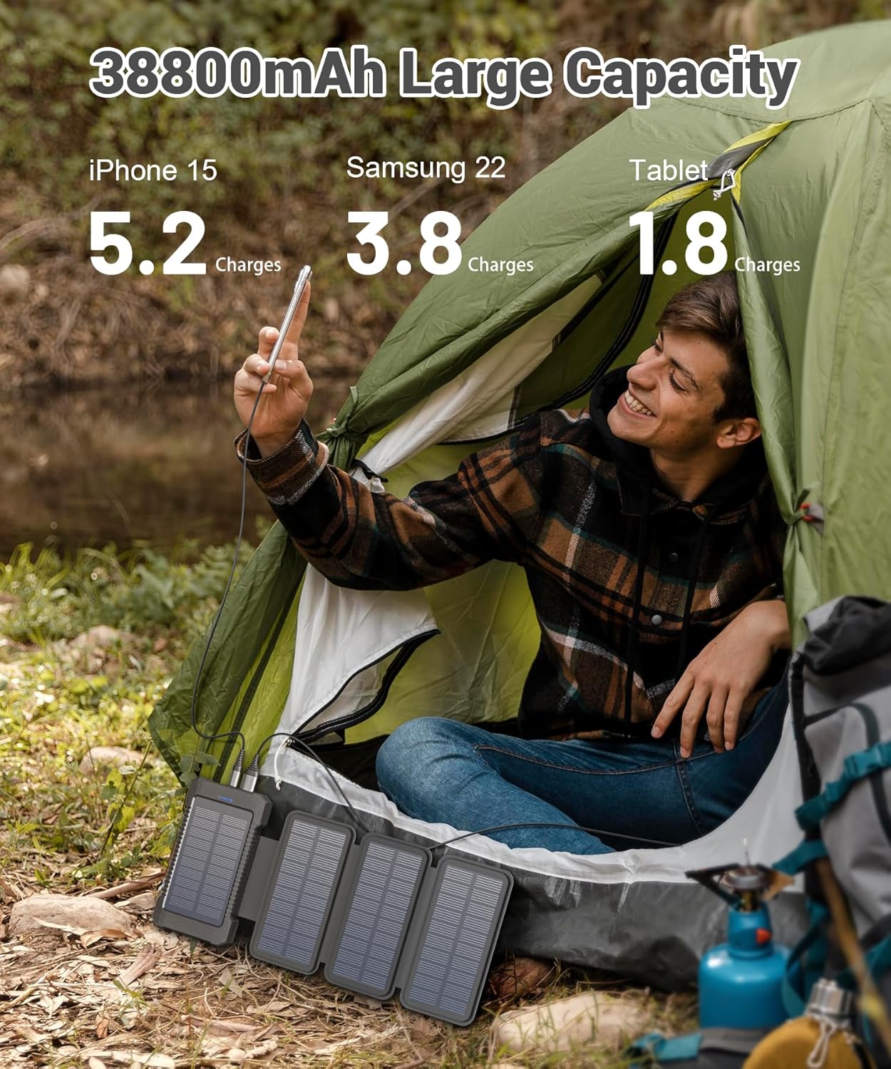 Solar Power Bank 38800mAh with 4 Solar Panels, Portable Charger USB C 18W Fast Charge for iPhone Samsung, IP67 Waterproof Outdoor External Battery Pack with Flashlight Light/SOS/Strobe