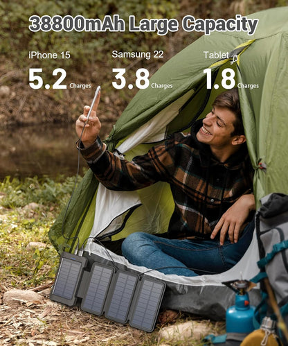 Solar Power Bank 38800mAh with 4 Solar Panels, Portable Charger USB C 18W Fast Charge for iPhone Samsung, IP67 Waterproof Outdoor External Battery Pack with Flashlight Light/SOS/Strobe