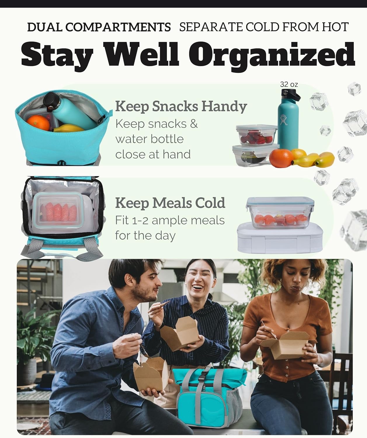 SUNNY BIRD Dual Compartment Lunch Bag Insulated Lunch Box for Women and Men (Green with Boho Strap)