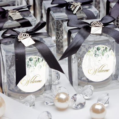 Mobiusea Creation Welcome Stickers | 2 inch | Gold Foil | 60pcs Waterproof Greenery Welcome Bag Stickers for Wedding, Bridal Shower, Birthday, Baby Shower, Party Gift Bags