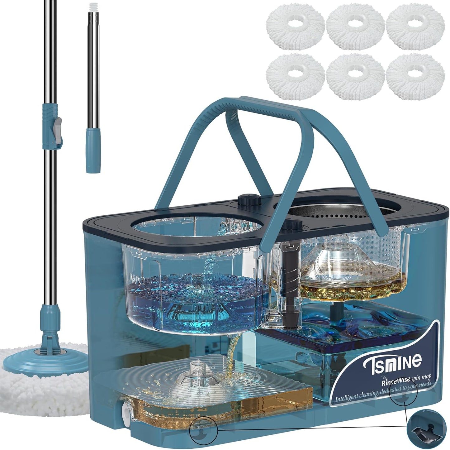 RinseWise Spin Mop and Bucket Separate Clean and DirtyWater, Mop and Bucket with Wringer Set, 4-Chamber Commercial Spinning Mopping Bucket Cleaning Supplies with 8 Microfiber Replacement Head Refills