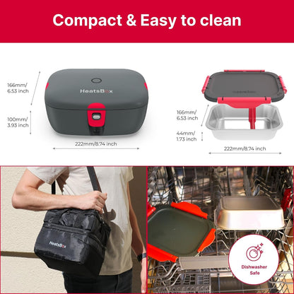 HeatsBox Electric Lunch Box 100W Portable Food Warmer | App Control | Car, Truck, Office, Outdoor Work | 31oz Stainless Steel Battery Powered Self Heating Lunchbox | 12V 24V 110V | Ideal Gift