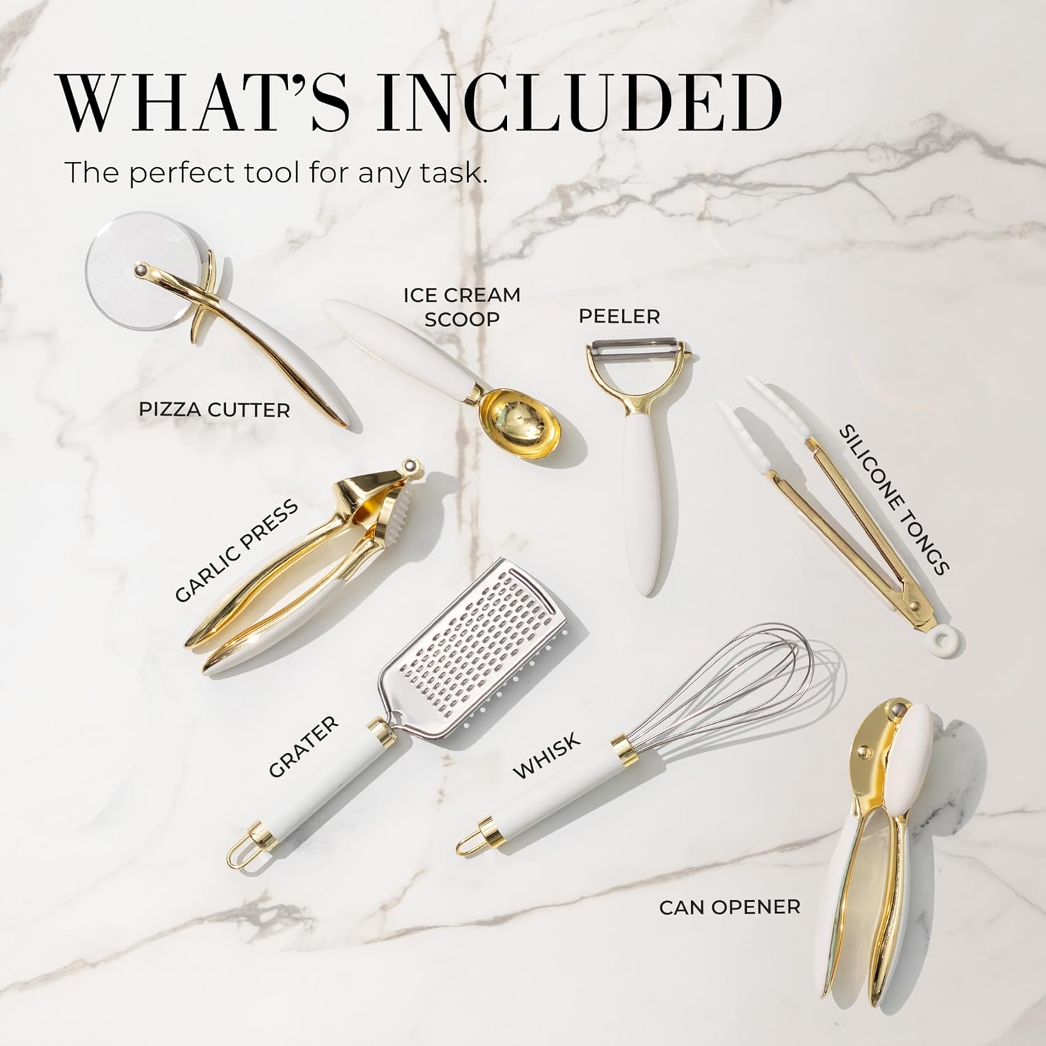 White & Gold 8-Piece Kitchen Utensils Set – Stylish Silicone and Stainless Steel Cooking Gadgets, Can Opener, Tongs, Garlic Press, Whisk & More, Elegant Kitchen Accessories for Modern Homes - PuriLite
