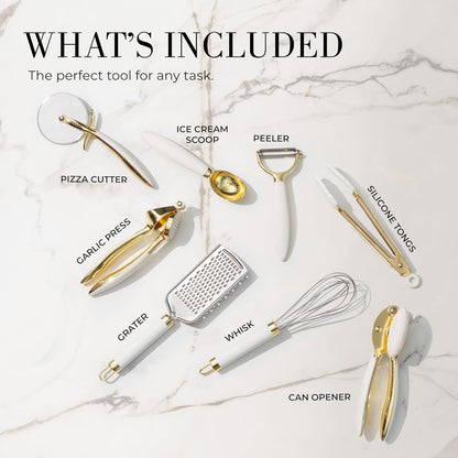 White & Gold 8-Piece Kitchen Utensils Set – Stylish Silicone and Stainless Steel Cooking Gadgets, Can Opener, Tongs, Garlic Press, Whisk & More, Elegant Kitchen Accessories for Modern Homes - PuriLite