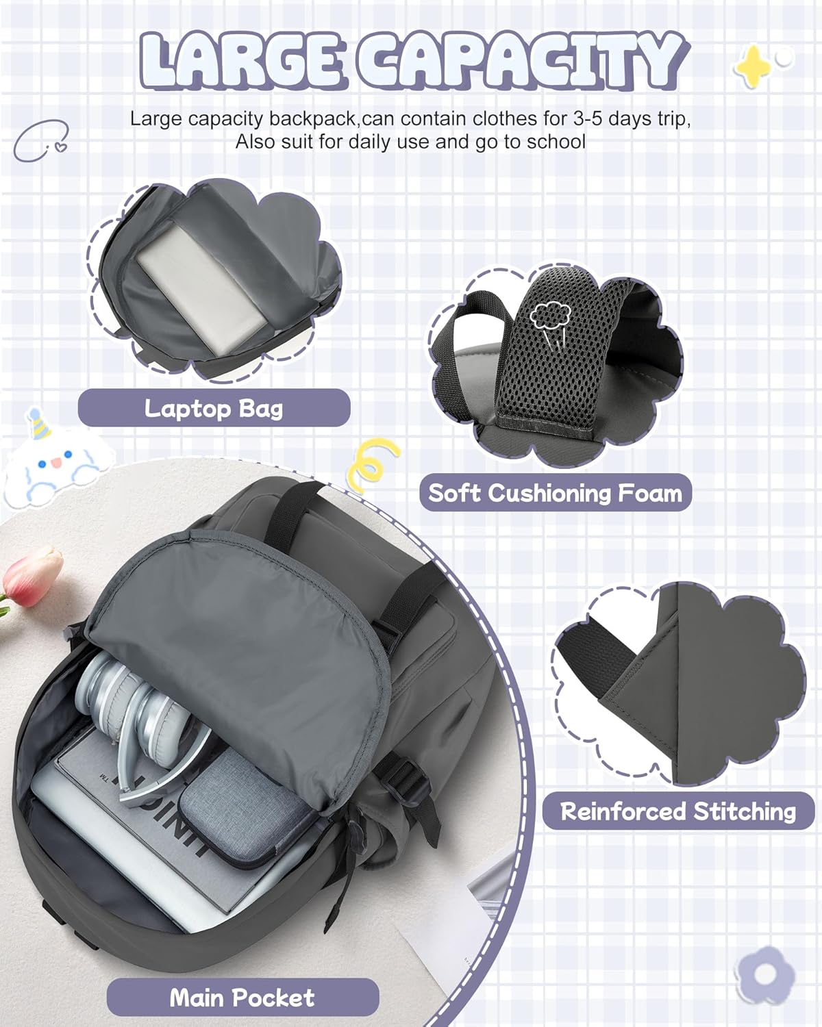 School Backpack for Women Men College High School Bags for Boys Girls Casual Daypack Laptop Backpack Waterproof Black Bookbag Travel Rucksack