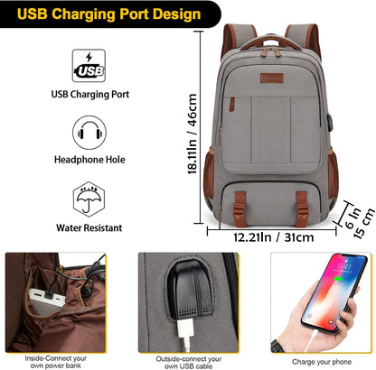 Tzowla Canvas Laptop Backpack Men,Bag for Women,School Travel College Work Rucksack Fits 15.6 Inch Laptop,Bookbag with USB Charging Port,Dark Grey