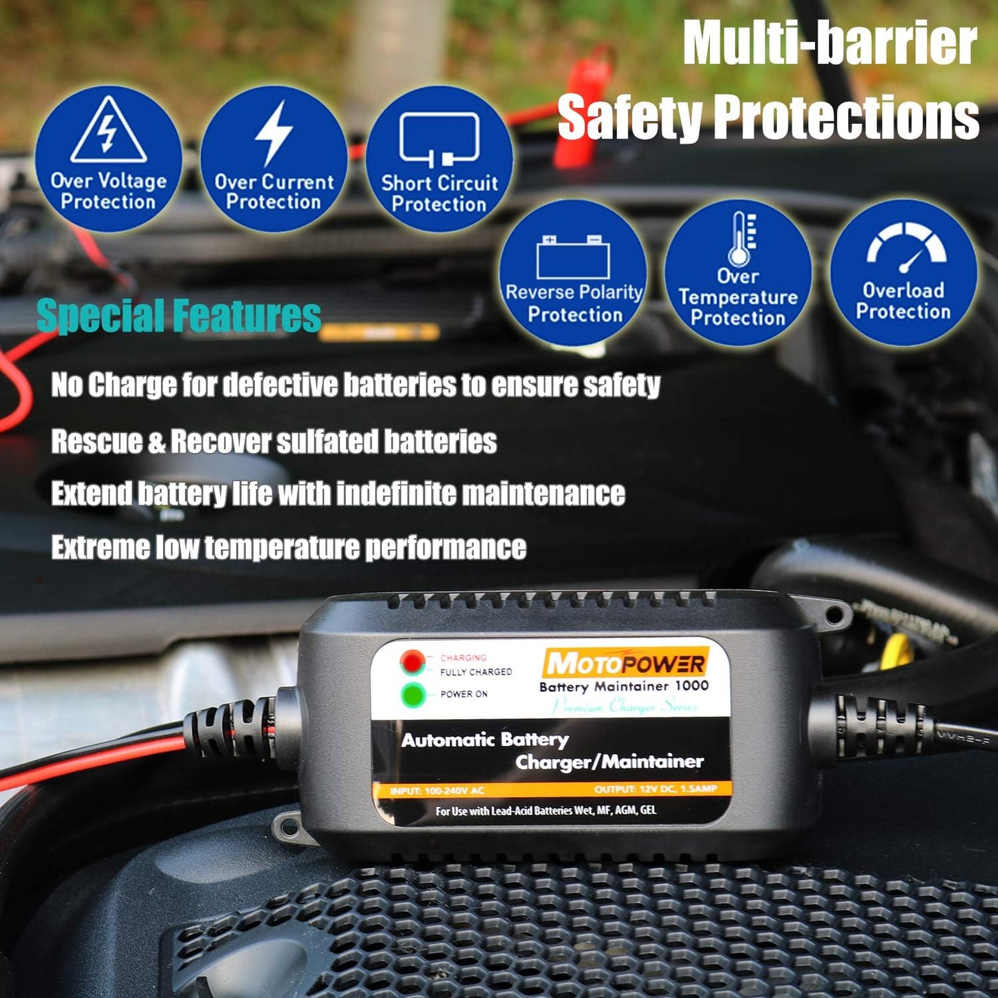 MOTOPOWER MP00205A 12V 800mA Fully Automatic Battery Charger/Maintainer