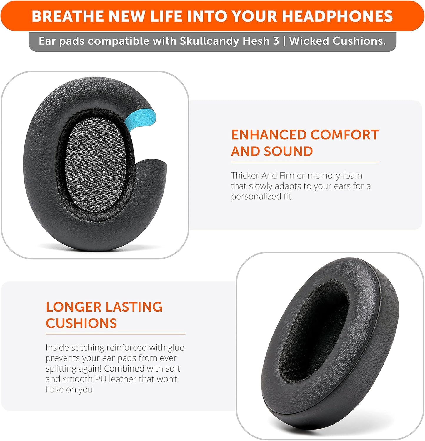 WC Replacement Earpad Cushions for Skullcandy Hesh 3 & Crusher Over-Ear Headphones Made by Wicked Cushions | Improved Durability and Thickness for Improved Comfort and Noise Isolation | 90's Black