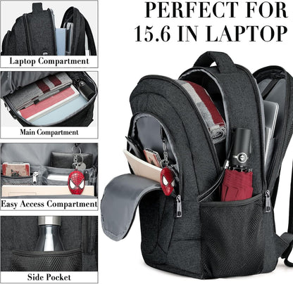 Backpack for Men and Women, School Backpacks for Teen Boys and Girls, Black Water Resistant Back Pack, Business Men Sturdy Computer Bag with USB Charging Port, Gifts