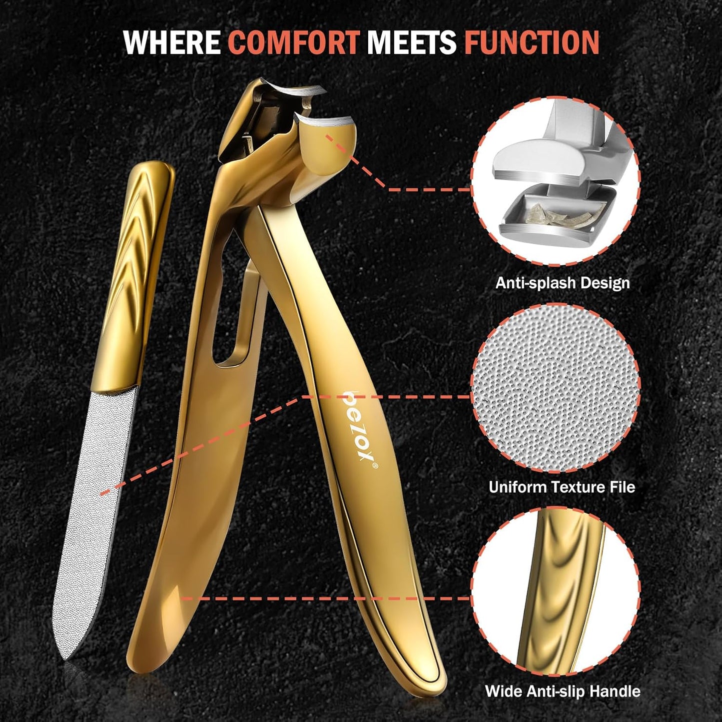 BEZOX Angled Head Nail Clippers for Seniors - Ergonomic Toenail Clipper for Thick Nails, Premium Steel Nail Cutter Trimmer with Catcher for Men and Women - Black