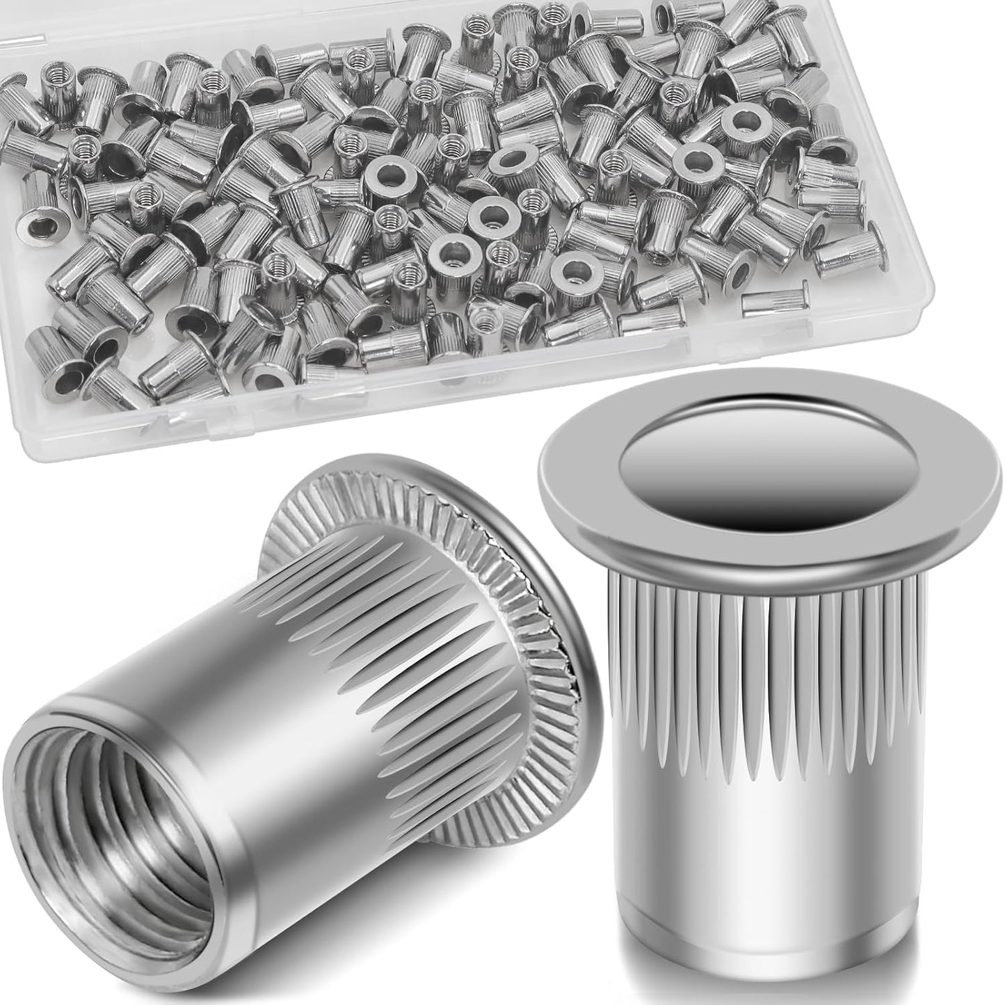 Vifmy Metric & SAE Rivet Nut Assortment Kit(420 Pcs),m3 m4 m5 m6 m8 m10 m12#6-32#8-32#10-24 1/4"-20 5/16"-18 3/8"-16 UNC Flat Head Rivnut Set,Zinc Plated Finish Carbon Steel Nutsert