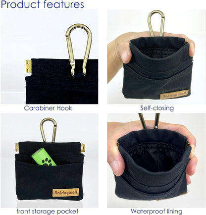 Raisingwell Dog Treat Pouch, Black Pocket Sized Pet Training Pouch, Cotton Fabric, Hand Free Dog Walking Bag with Carabiner, Self-Closing Pet Feed Snack Reward, for Pet Puppy Travel or Outdoor Use