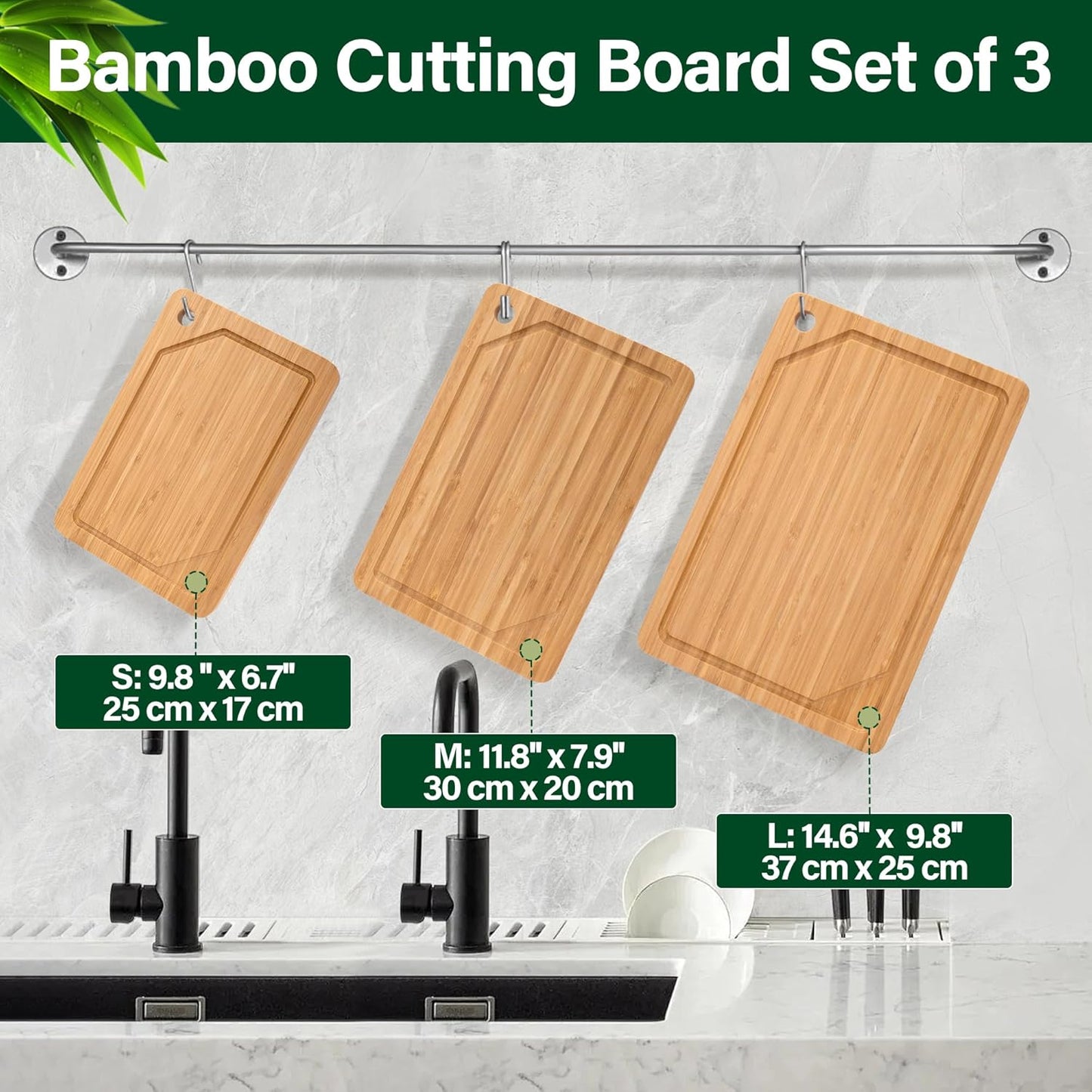 Bamboo Cutting Board Set of 3, Cutting Boards for Kitchen with Juice Groove, Bamboo Chopping Board Set, Serving Board Set for Meat, Fruit Vegetable and Cheese