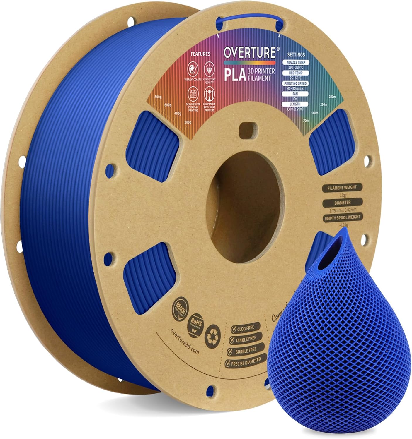 OVERTURE PLA Filament 1.75mm PLA 3D Printer Filament, 1kg Cardboard Spool (2.2lbs), Dimensional Accuracy +/- 0.02mm, Fit Most FDM Printer (Black 1-Pack)
