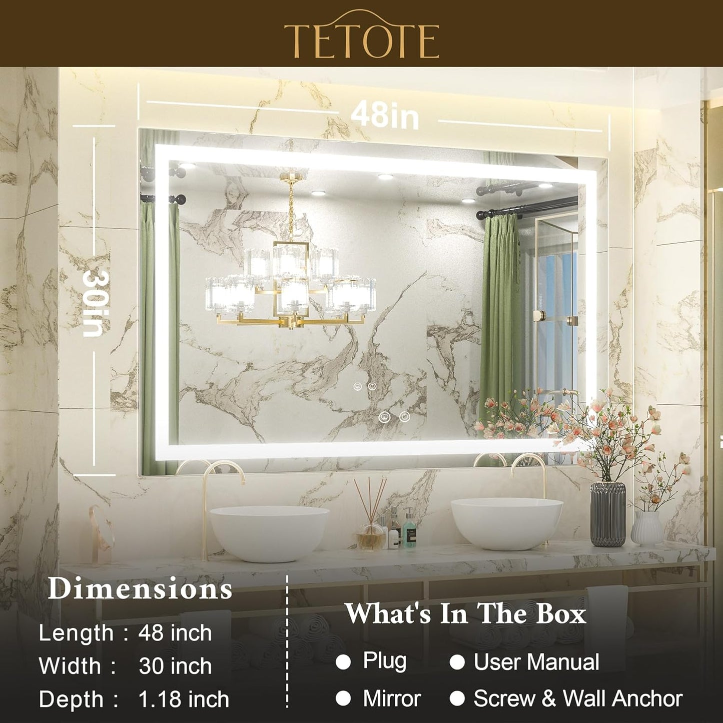 TETOTE 36 x 28 Bathroom LED Mirror Bedroom LED Mirror Fashion Style Vanity Makeup Mirror Dimmable Anti-Fog Wall Mounted Birthday Gift Housewarming Gift Wedding Gift