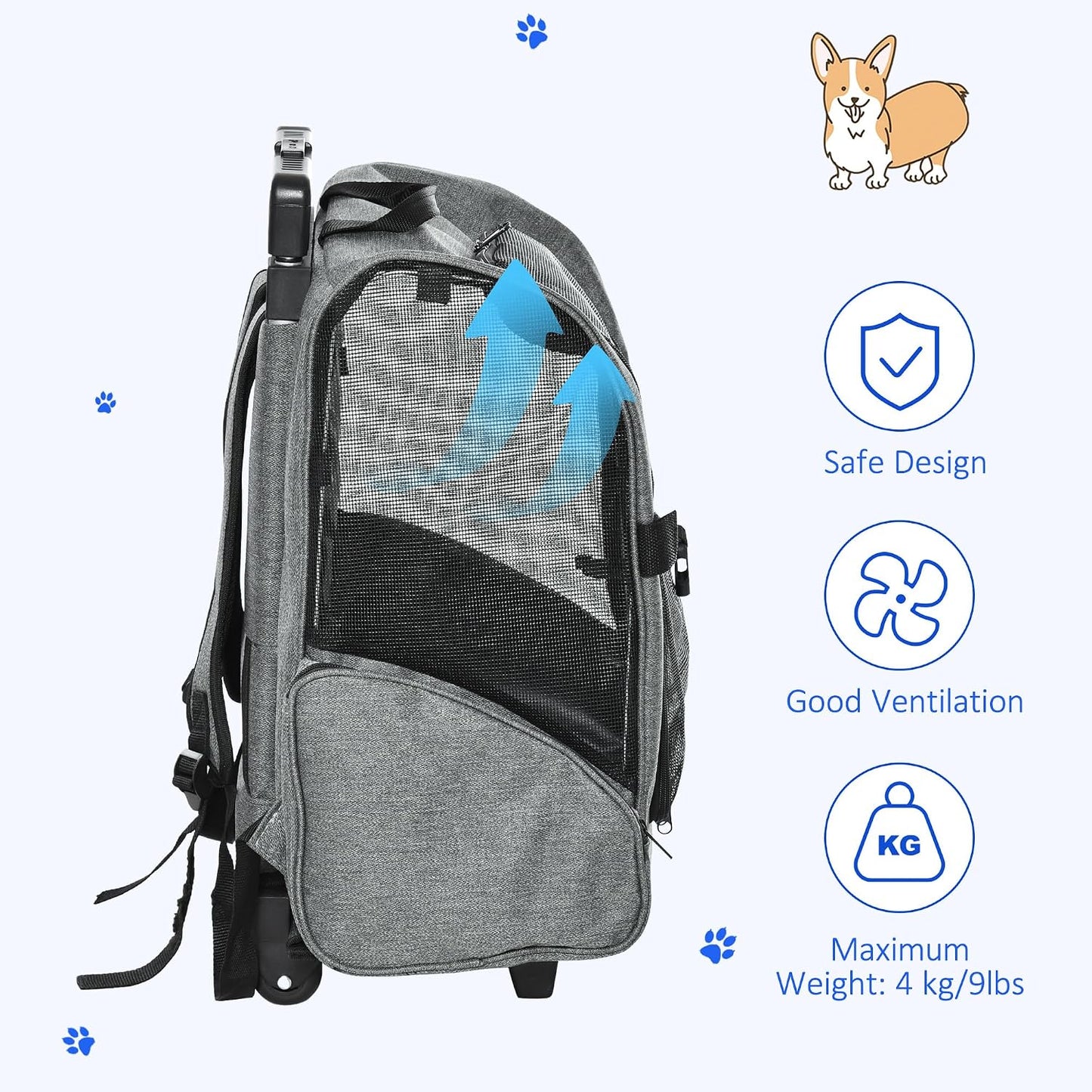 PawHut 2-in-1 Pet Luggage Box Backpack Carrier Cats Dogs w/Handle, Rolling Wheel Grey