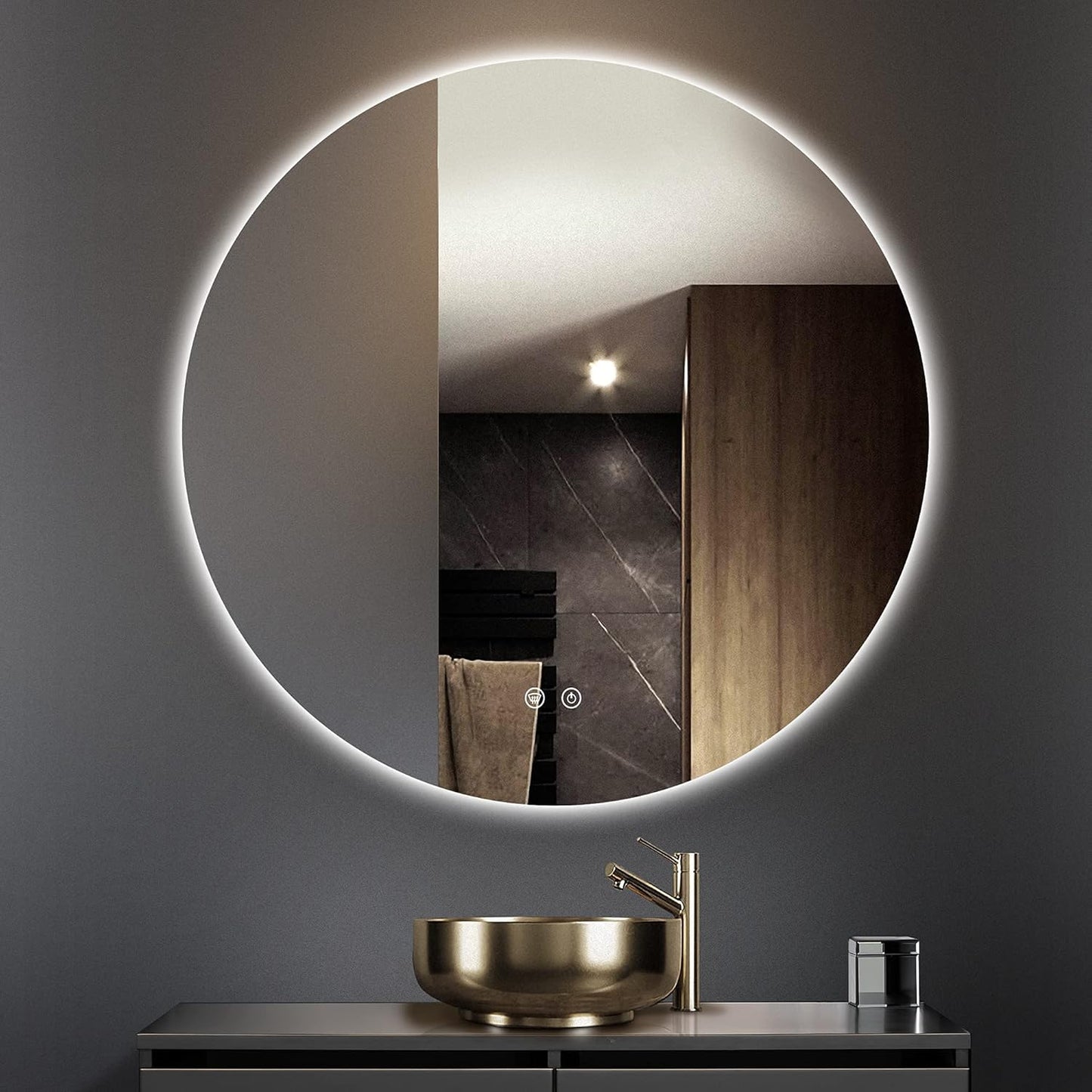 TETOTE 28 Inch Round LED Bathroom Vanity Mirror, Anti-Fog Dimmable Lights IP54 Waterproof Circle Makeup Wall Mounted Mirror