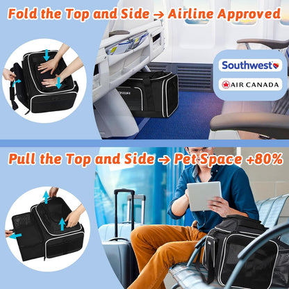 Petskd Top and Side Expandable Pet Carrier 17x12x8.5 Inches JetBlue Frontier Spirit Airline Approved, Soft-Sided Carrier for Small Cats and Dogs with Locking Safety Zipper and Anti-Scratch Mesh(Black)